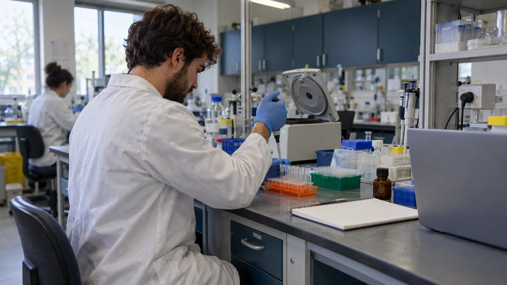 A researcher pipetting samples at a microbiology laboratory bench