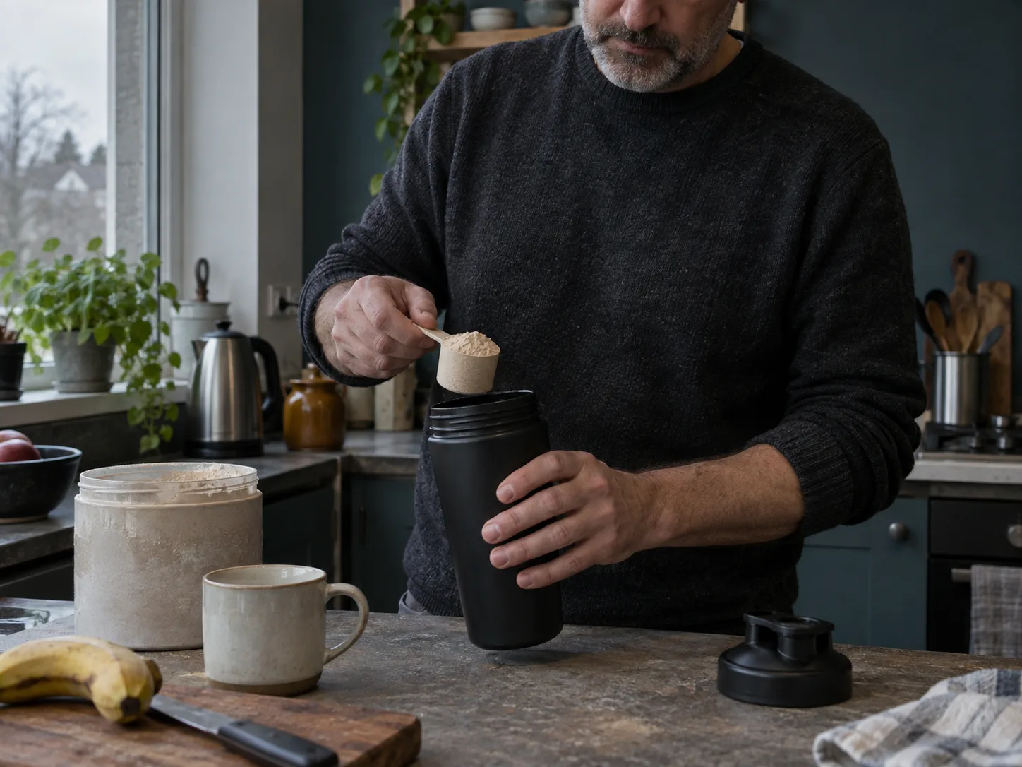 A man levelling a scoop of powder into a shaker at his kitchen counter