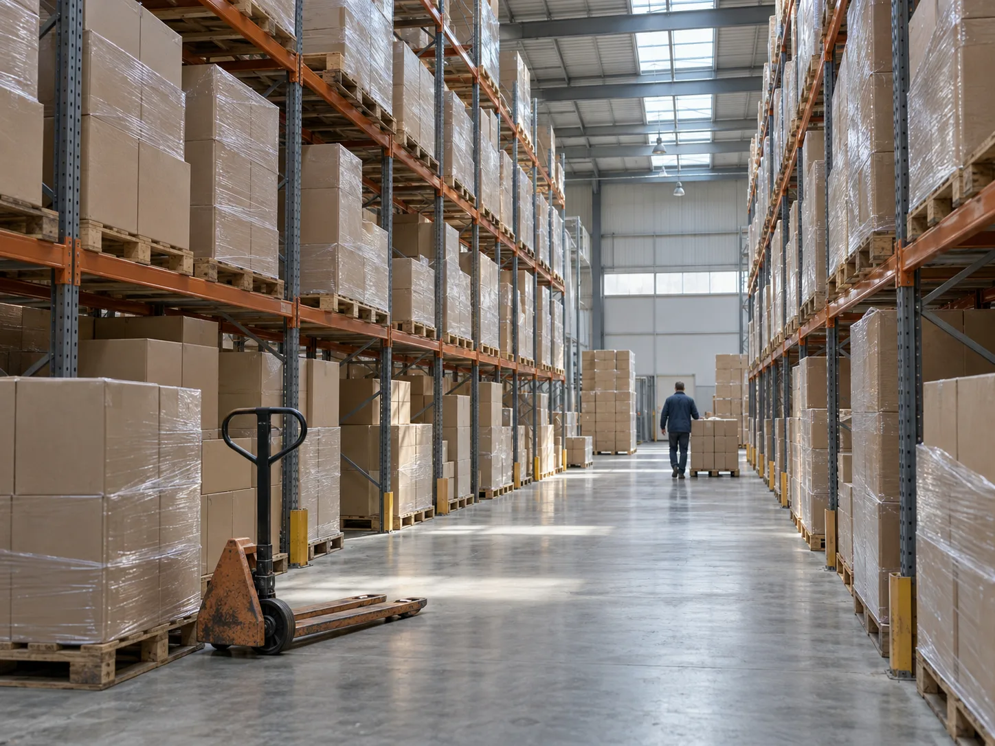 Pallets of cartons in the aisle of a distribution warehouse