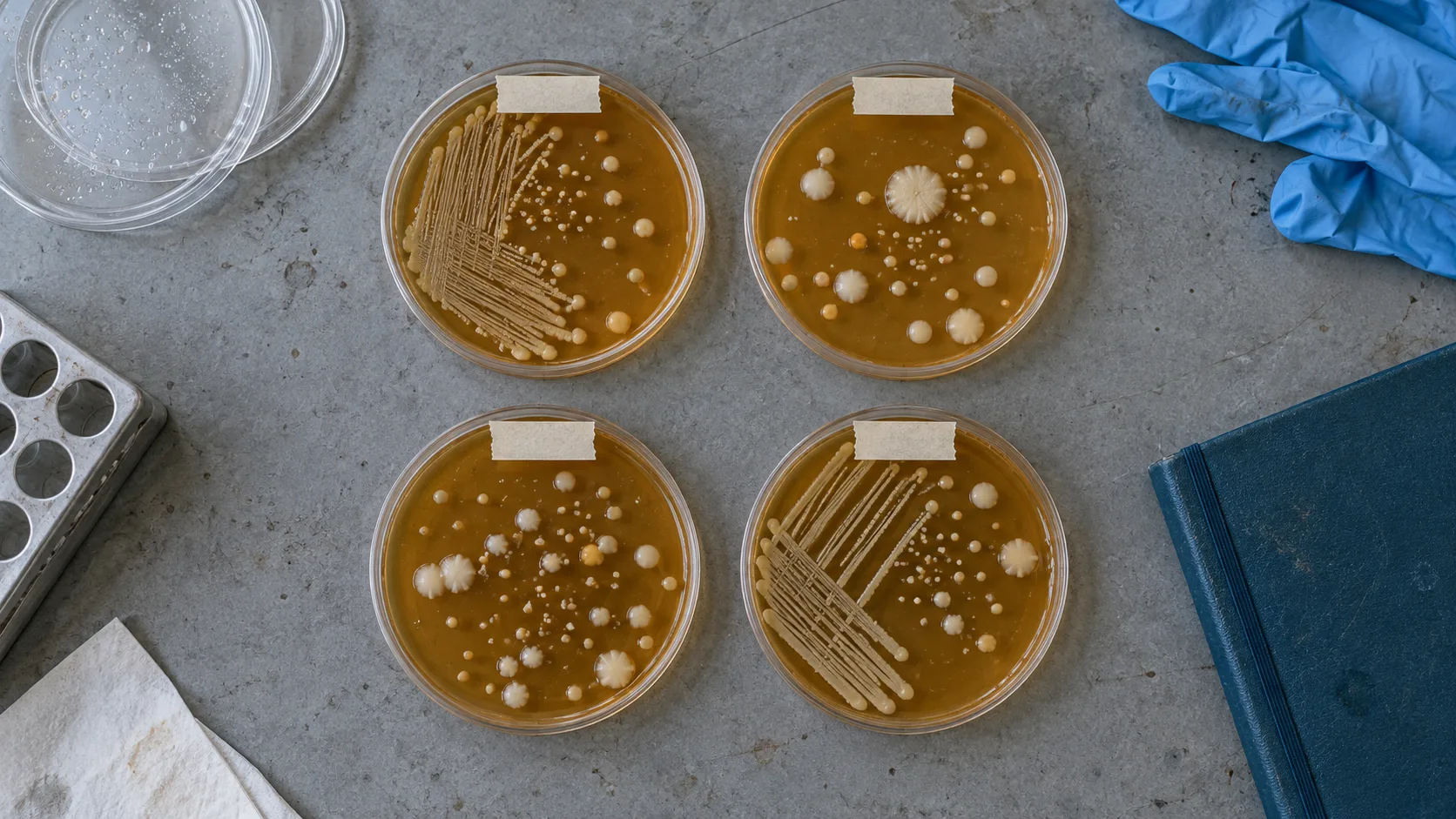 Agar plates with bacterial colonies on a laboratory bench